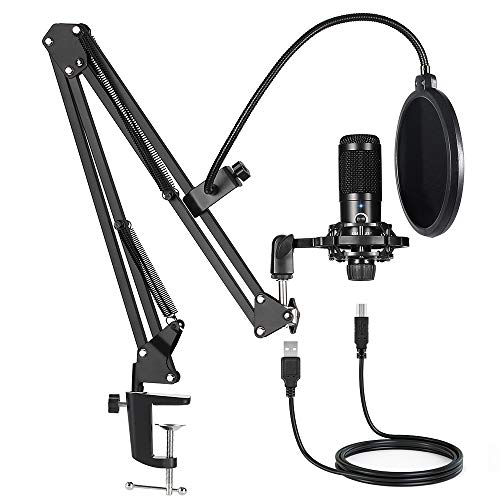 USB Condenser Microphone Bundle Kit,192KHZ/24BIT Professional Cardioid Computer Mic with Adjustable Scissor Arm Stand Shock Mount and Gain Knob for Recording,for Podcasting, Gaming, YouTube (Black)