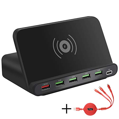 4 in 1 Multiport USB Charging Station, Power Adapter, Universal USB Charger QC 3.0 Wireless Fast Charging Stand with USB-C PD 18W Compatible with iPhone Xs MAX/XR/XS/X,Galaxy S20/S10