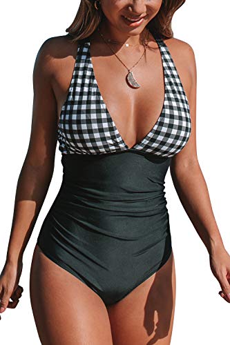 CUPSHE Women's Black White Gingham Ruched Back Cross One Piece Swimsuit Black M