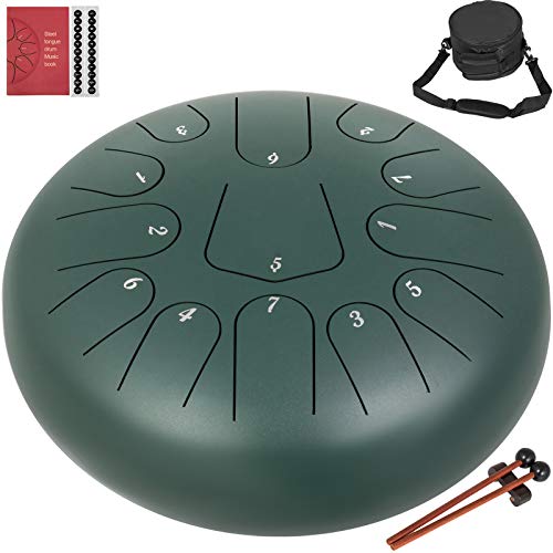 Happybuy Steel Tongue Drum 13 Notes 12 Inches Dia Tongue Drum Green Handpan Drum Notes Percussion Instrument Steel Drums Instruments with Bag, Music Book, Mallets,Mallet Bracket