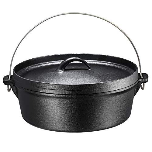 Bruntmor Pre-Seasoned Cast Iron Dutch Oven with Flanged Lid Iron Cover, for Campfire or Fireplace Cooking, Flat Bottom 6-Quart (6 Quart)