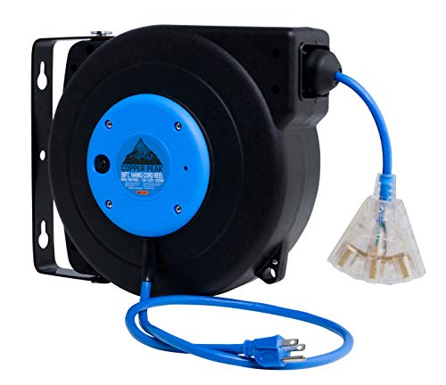 CopperPeak 50 ft Retractable Extension Cord Reel - Ceiling or Wall Mount - 14 Gauge - Blue and Black