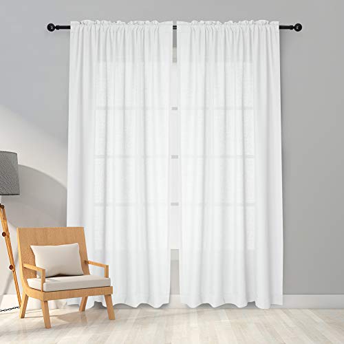 Melodieux White Semi Sheer Curtains 84 Inches Long for Living Room - Linen Look Bedroom Rod Pocket Voile Drapes, 52 by 84 Inch (2 Panels)