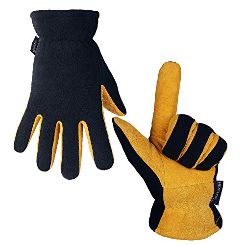 OZERO Winter Work Gloves Cold Proof Deerskin Suede Leather Thermal Glove Warm Polar Fleece Heatlok Insulated Cotton - Hands Warmer in Cold Weather for Women and Men (Tan-Black,M)