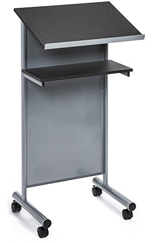 Audio-Visual Direct Wheeled Lectern with Storage Shelf - Silver/Black - Compact Standing Desk for Reading - Laptop Stand