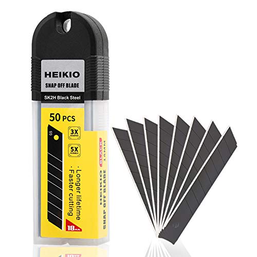 18mm Snap-off Blades 50-Pack by HEIKIO, Quality Black Carbon Steel, Sharper, Replacement Blade for 18mm Box Cutter & Utility Knife