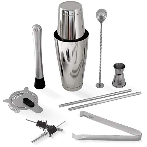 Stainless Steel Boston Cocktail Shaker and Bar Tool Set. Bartender Kit with all Bar Accessories: Cocktail Strainer, Double-Sided Jigger, Muddler, Bar Spoon, Pour Spouts, Metal Straws, and Ice Tongs.