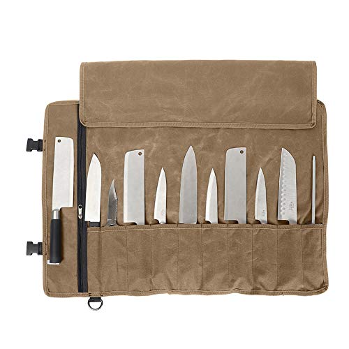 Chefs Knife Bag(11 Slots), Knife Roll for Kitchen Knife Tools Up To 18.8”, Heavy Duty Waxed Canvas Japanese Knife Set Case, Portable Travel Tool Roll Pouch for Meat Cleaver, Knife Sharpener