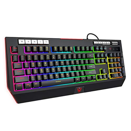 PICTEK Gaming Keyboard with Phone Holder and Volume Wheel,2020 RGB Enhanced Customizable RGB Backlit Wired Keyboard, Mechanical Feeling, 9 Dedicated Media Keys, Splash-Proof, for Mac/PC Game, Black