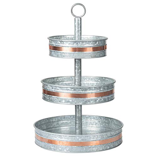 Ilyapa Galvanized Three Tier Serving Stand with Copper Trim - 3 Tiered Metal Tray Platter for Cake, Dessert, Shrimp, Appetizers & More