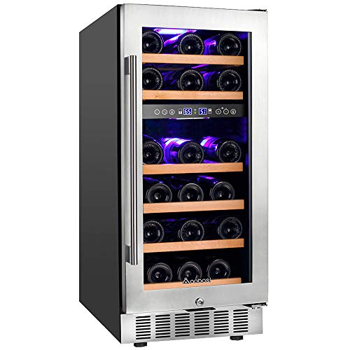 UpgradedAobosi 15 Inch Wine Cooler, 28 Bottle Dual Zone Wine Refrigerator with Stainless Steel Tempered Glass Door, Temp Memory Function, Fit Champagne Bottles, Freestanding and Built-in Style