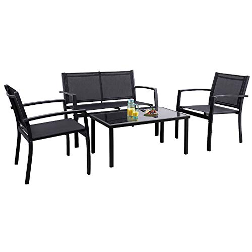 Flamaker 4 Pieces Patio Furniture Outdoor furniture Outdoor Patio Furniture Set Textilene Bistro Set Modern Conversation Set Black Bistro Set with Loveseat Tea Table for Home, Lawn and Balcony (Black)