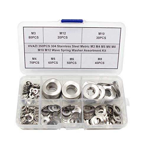 HVAZI 350PCS Metric M3 M4 M5 M6 M8 M10 M12 304 Stainless Steel Wave Spring Washer Assortment Kit