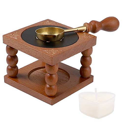 Wax Seal Melting Furnace Tool, COOTUR Wooden Wax Seal Warmer with Heat Resistant Brass Spoon and Heart Shaped Tea Candle for Wax Seal Stamp Wedding Invitations Home Decorations