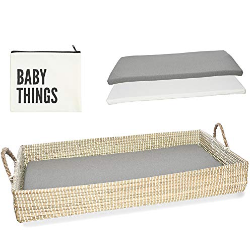 Baby Changing Basket Including Waterproof Diaper Changing Pad & Sheet | Eco-Friendly, Handmade and Woven with Natural Seagrass Table Topper for Dresser