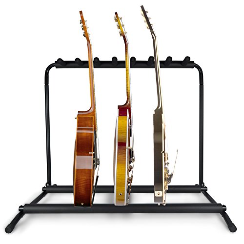 Pyle Multi Guitar Stand 7 Holder Foldable Universal Display Rack - Portable Black Guitar Holder With No slip Rubber Padding for Classical Acoustic, Electric, Bass Guitar and Guitar Bag/Case - PGST43