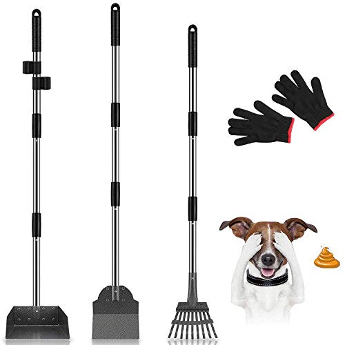 MOICO Dog Pooper Scooper, 3 Pack Upgraded Adjustable Long Handle Metal Tray, Rake and Spade Poop Scoop, Pet Waste Removal Pooper Scooper for Large Medium Small Dogs and Pets