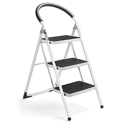 Delxo 3 Step Ladder Folding Step Stool 3 Step ladders with Handgrip Anti-Slip and Wide Pedal Sturdy Steel Ladder 330lbs White and Black Combo (3 feet) (3 Step Ladder)
