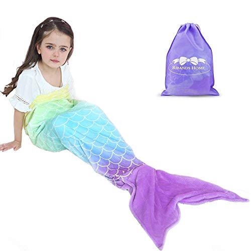 RIBANDS HOME Cozy Mermaid Tail Blanket for Kids and Teens Soft Flannel Fleece Wrapping Cover with Colorful Fish Scale Tail – All Seasons Plush Sleeping and Napping Coverlet (Ages 3-16)