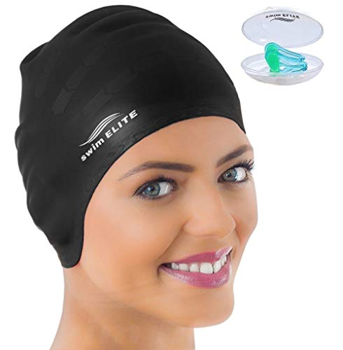 Swim Cap for Long Hair - Silicone Swimcap for Long Hair | Swimming Caps for Women & Men | Silicone Swim Caps for Long Hair - Bathing Cap to Keep Your Hair Dry (Black)