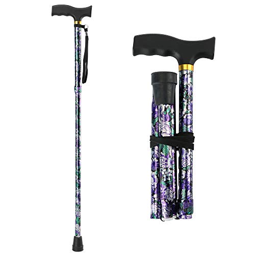 LIXIANG Folding Cane, 5-Level Foldable Walking Cane for Men Women Lightweight Adjustable Portable Hand Walking Stick - Balancing Mobility Aid - Sleek Comfortable T Handles (APurple Floral Printing)