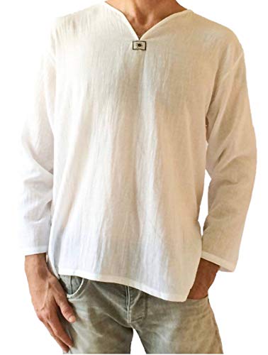 Love Quality Men's White T-Shirt 100% Cotton Thai Hippie Shirt V-Neck Beach Yoga Top (Small)