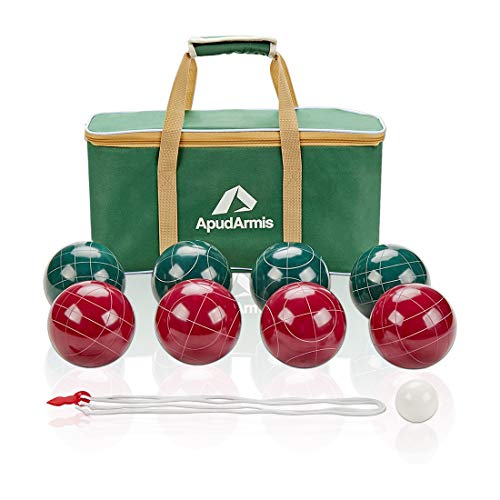 ApudArmis Bocce Balls Set, Regulation Size 100mm Bocce Game for Outdoor/Backyard/Lawn/Beach with 8 PCS 100% Resin Balls / 1 Pallino/Nylon Carrying Case/Measuring Rope (Red & Green)