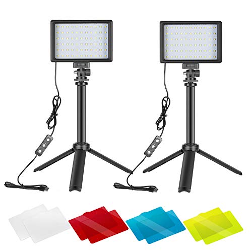 Neewer 2 Packs Portable Photography Lighting Kit Dimmable 5600K USB 66 LED Video Light with Mini Adjustable Tripod Stand and Color Filters for Table Top/Low Angle Photo Video Studio Shooting