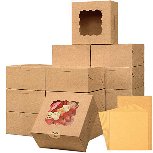 Moretoes 24pcs 6x6x3in Brown Bakery Boxes with Window for Small Pie, Cookies Included Parchment Paper and Stickers