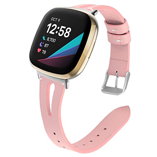 MEFEO Leather Bands Compatible with Fitbit Versa 3 / Fitbit Sense, Slim Soft Band Wristbands Replacement with Breathable Triangle Hole Design Strap for Watch Women Men (Pink)