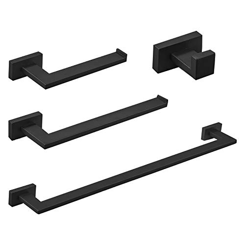 BESy Bathroom Accessories Set (Towel Bar, Hand Towl Holder Towel Rack, Toilet Paper Holder, Double Towel Hooks), Wall Mounted Bath Hardware Accessory Fixtures Set, Stainless Steel/Matte Black