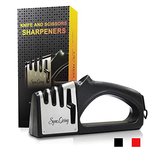 Sync Living Knife and Scissor Sharpeners,4 Stage Knife Sharpener, 4-in-1 Knife and Scissors Sharpener with Diamond, Ceramic, Tungsten, Kitchen Tools for Kinds of Knives, Black