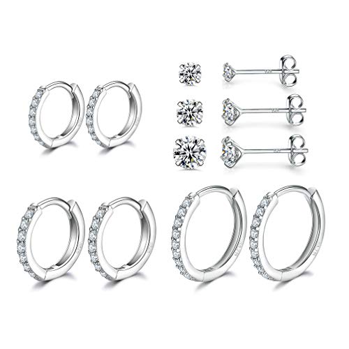 Sterling Silver Small Hoop Earrings | Sterling Silver Stud Earrings for Women - 6 Pairs Hypoallergenic Tiny Cubic Zirconia Stud Earrings Set & Cartilage Earring Hoops for Girl