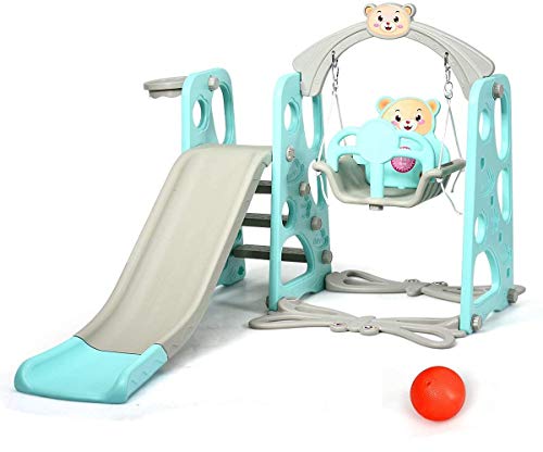 Costzon 4 in 1 Toddler Climber and Swing Set, Kids Play Climber Slide Playset with Basketball Hoop, Extra Long Slide and Ball, Easy Set Up Baby Playset for Indoor Outdoor Backyard (Green Bear)