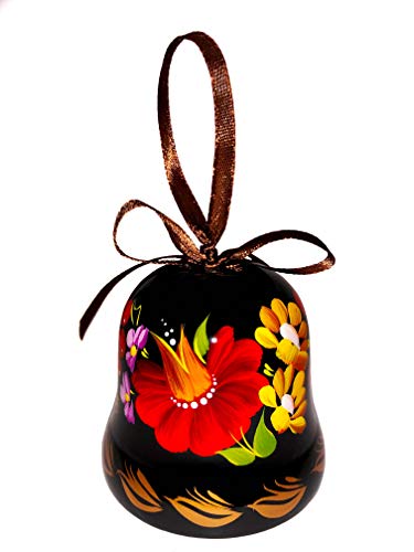 Ukrainian Souvenir Hand Painted Lacquered Wooden Decorative Bell with Ethnic Petrykivka Floral Painting, a Nice Home Decor Accent Item in a Gift Box for Women, Hanging or Desktop (Rose and Yellow)