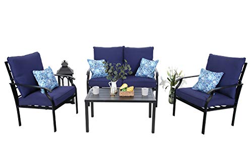 MFSTUDIO 4 Piece Outdoor Metal Furniture Sets Patio Cushioned Conversation Set with 4 Free Pillows for Home, Porch, Lawn, (Loveseat, Coffee Table, 2 Single Chair),Navy-Blue