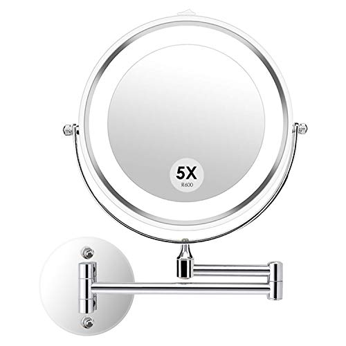 alvorog Wall Mounted Makeup Mirror LED Lighted Double Sided 5X Magnification 360° Swivel Extendable Cosmetic Vanity Mirror for Bathroom Hotels, Powered by Batteries (Not Included)-7 inches
