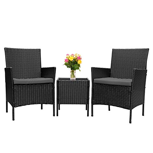 INTEY 3 Pieces Patio Set Outdoor Patio Furniture Sets All-Weather PE Rattan Wicker Conversation Set with 2 Cushions for Porch Garden Poolside Balcony