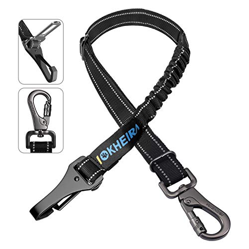 IOKHEIRA Dog Seat Belt 3-in-1 Car Harness for Dogs Adjustable Safety Seatbelt for Car Durable Nylon Reflective Bungee Fabric Tether with Clip Hook Latch & Buckle, Swivel Aluminum Carabiner