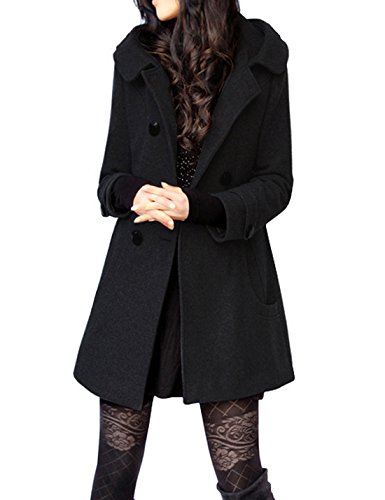 Tanming Women's Winter Double Breasted Wool Blend Long Pea Coat with Hood (XX-Large, Black)