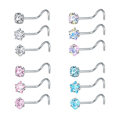 ZS 9-12PCS 20g Surgical Stainless Steel Nose Stud Ring Piercing Nose Bone/L Shaped/Nose Screws Rings Set (12pcs Nose Screws Style)