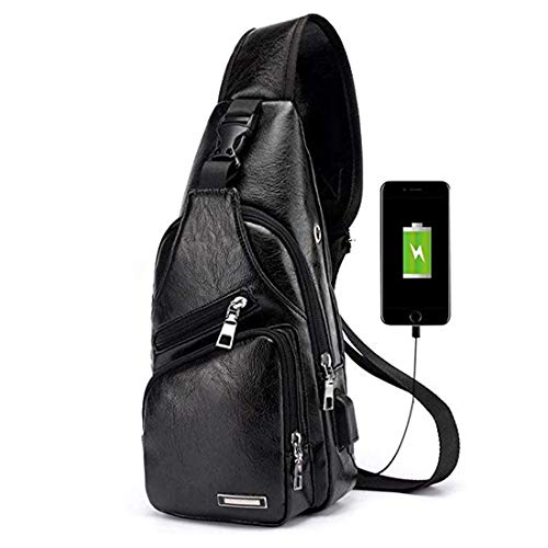 Men's Leather Sling Bag Multipurpose Daypack Shoulder Chest Crossbody Bag Black