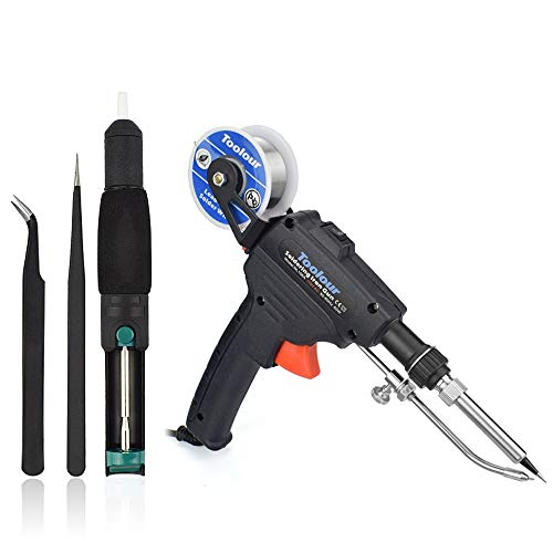 Toolour Automatic Soldering Gun Kit 5 in 1, 60W Auto Solder Feed Welding Tool with Detachable Solder Wire Bracket and On/Off Switch, Solder Wire, Desoldering Pump, 2 Anti-static Tweezers