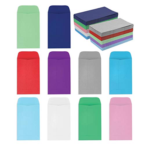 Coin and Small Parts Envelopes 2.25'x 3.5' with Gummed Flap 10 assorted colors Pack of 100 Envelopes for Home and Office Use