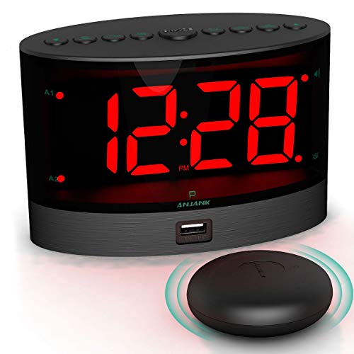ANJANK Extra Loud Alarm Clock with Wireless Bed Shaker, Vibrating Dual Alarm Clock for Heavy Sleepers, Deaf and Hearing-impaired, Adjustable Volume/Dimmer/Wake up Mode, USB Charger Port, Pillow Shaker