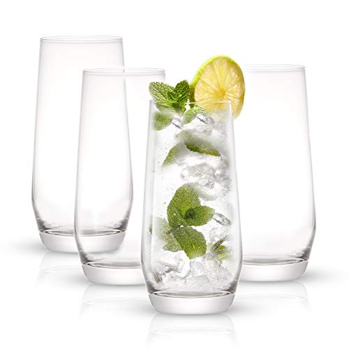 JoyJolt Gwen Highball Glasses Set of 4 Tall Drinking Glasses. 18oz Cocktail Glass Set. Lead-Free Crystal Glassware. Bourbon or Whiskey Glass Cup, Bar, Iced Tea, Water, Mojito and Tom Collins Glasses