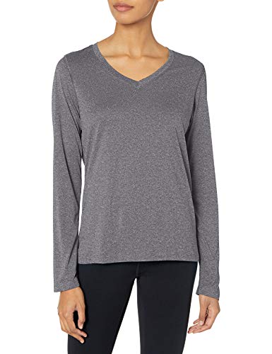 Hanes Women's Sport Cool Dri Performance Long Sleeve V-Neck Tee, Black Heather, X Large