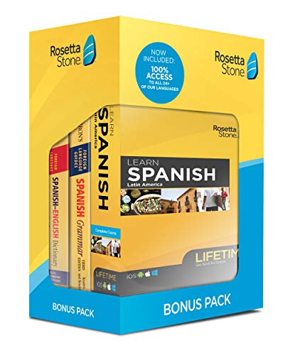 Rosetta Stone Learn Spanish Bonus Pack Bundle| Lifetime Online Access + Grammar Guide + Dictionary Book Set| PC/Mac Keycard