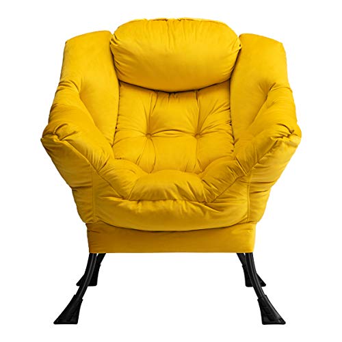 HollyHOME Modern Velvet Fabric Lazy Chair, Accent Contemporary Lounge Chair, Single Steel Frame Leisure Sofa Chair with Armrests and A Side Pocket, Thick Padded Back, Yellow