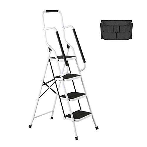 charaHOME 4 Step Ladder Tool Ladder Folding Portable Steel Frame MAX 500 lbs Non-Slip Side armrests Large Area Pedals Detachable ToolBag Suitable for Home Office Engineering